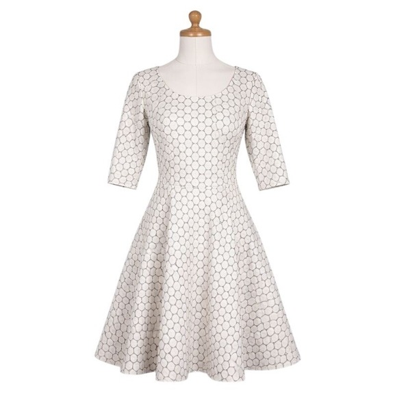 Leota Womens L Dot Luxe Jacquard Fit Flare Dress Ivory Black Scoop Back NWT